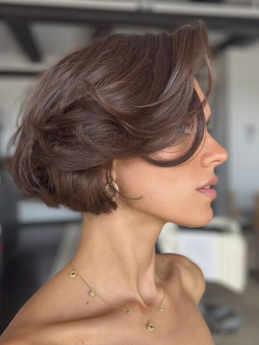 Voluminous Chin-Length Wavy Bob with Side-Swept Bangs