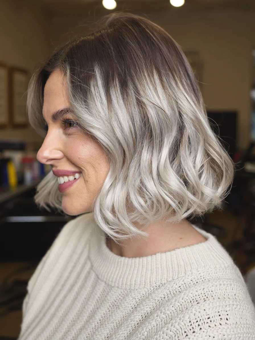 Modern Ashy Silver Blonde Chin-Length Wavy Bob Hairstyle