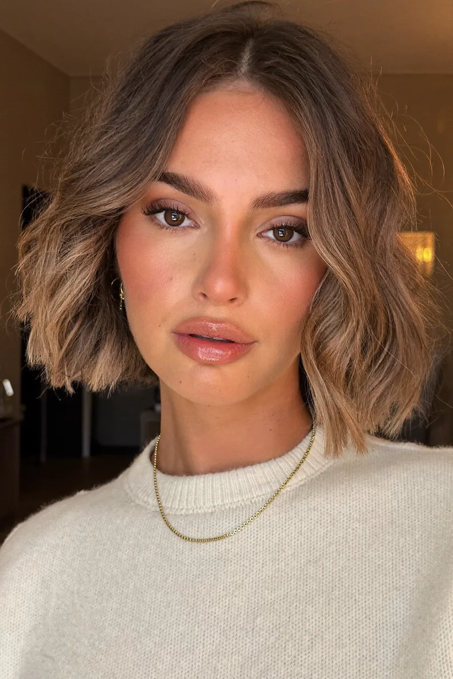 Modern Textured Wavy Chin-Length Bob with Curtain Bangs