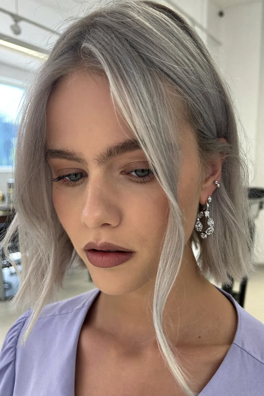 Chin-Length Silver Ash Bob with Flowing Curtain Bangs