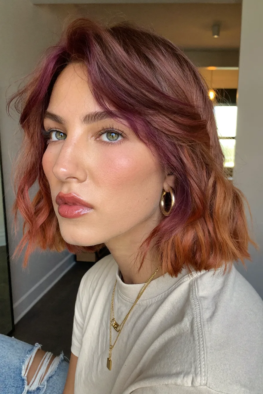 Chic Chin-Length Auburn Bob with Plum Purple Accented Curtain Bangs