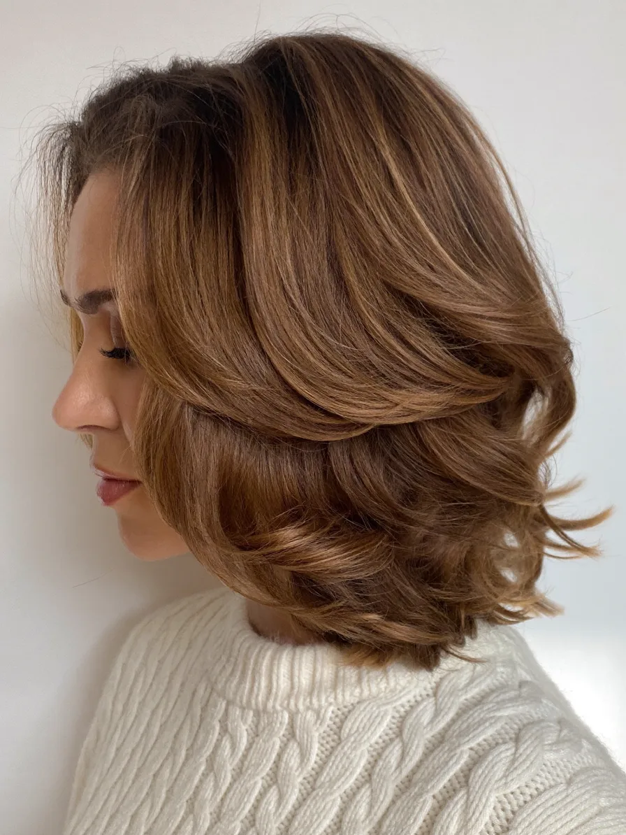 Voluminous Layered Caramel Brown Bob with Curtain Bangs