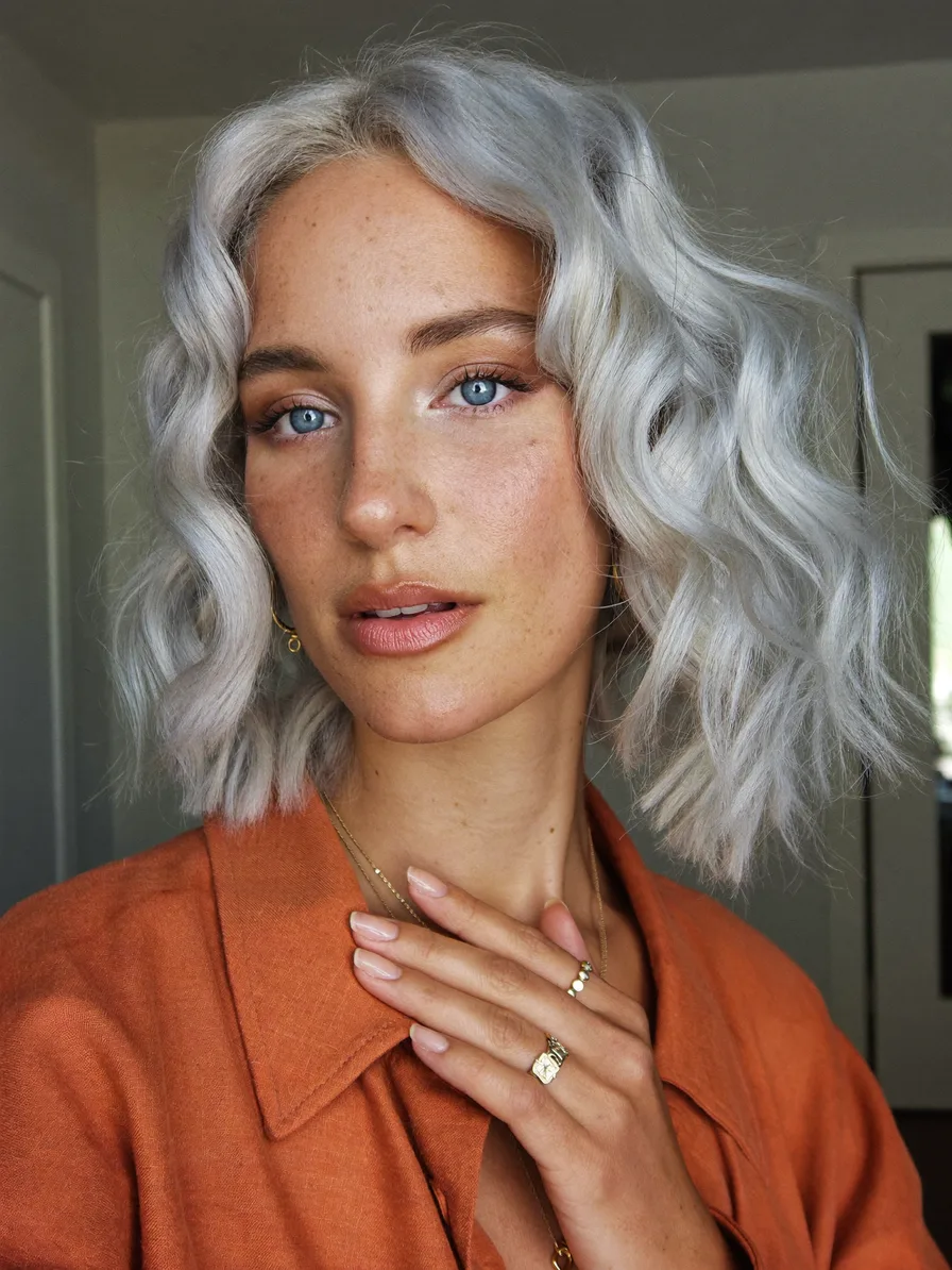 Textured Icy Silver Wavy Bob with Side Swept Bangs