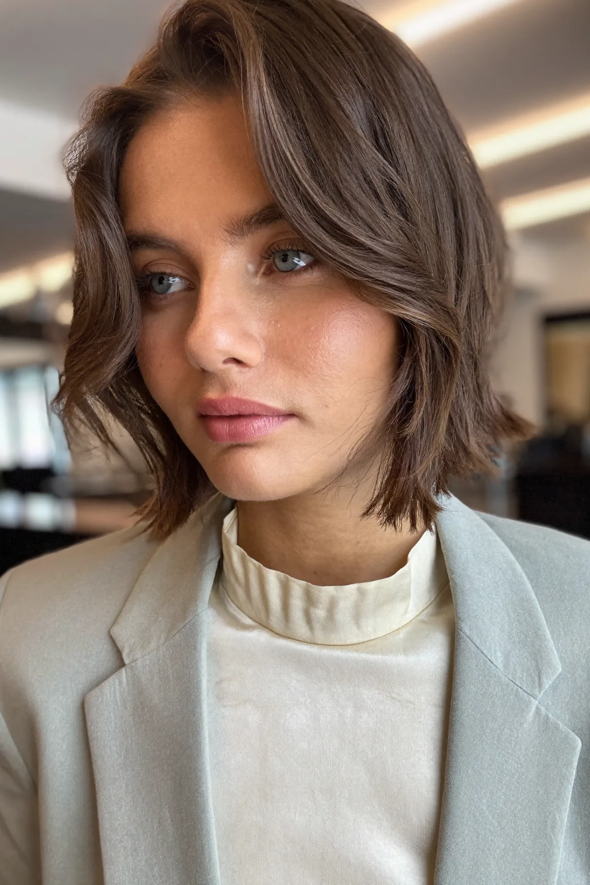 Chin-Length Natural Brunette Bob with Soft Wavy Texture