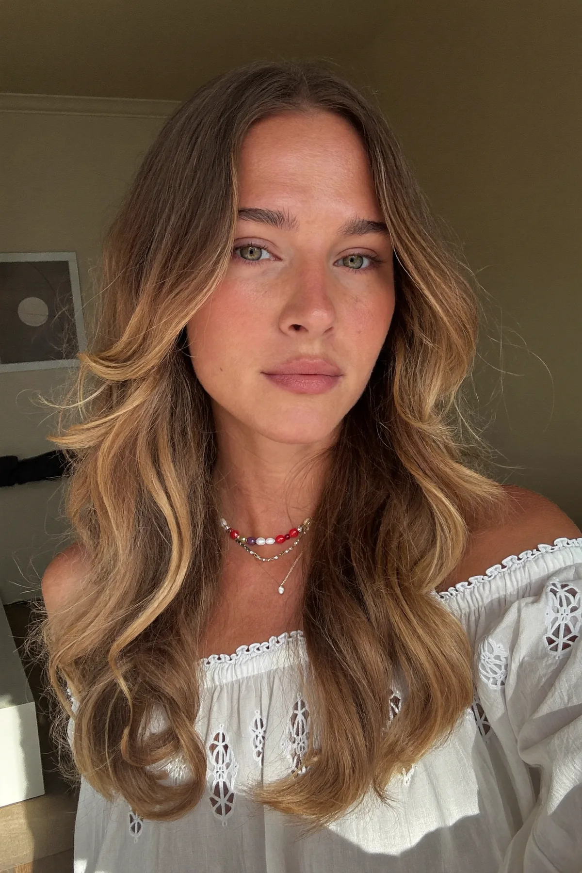 Caramel Bronde Balayage Long Layered Cut with Curtain Bangs