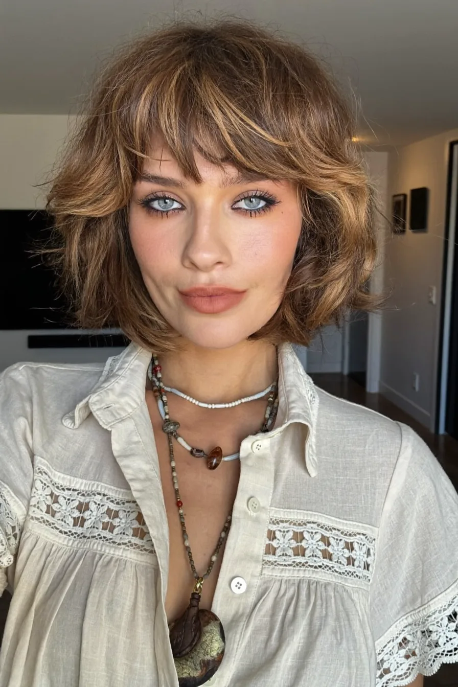 Textured Wavy Caramel Brown Shag With Voluminous Bangs