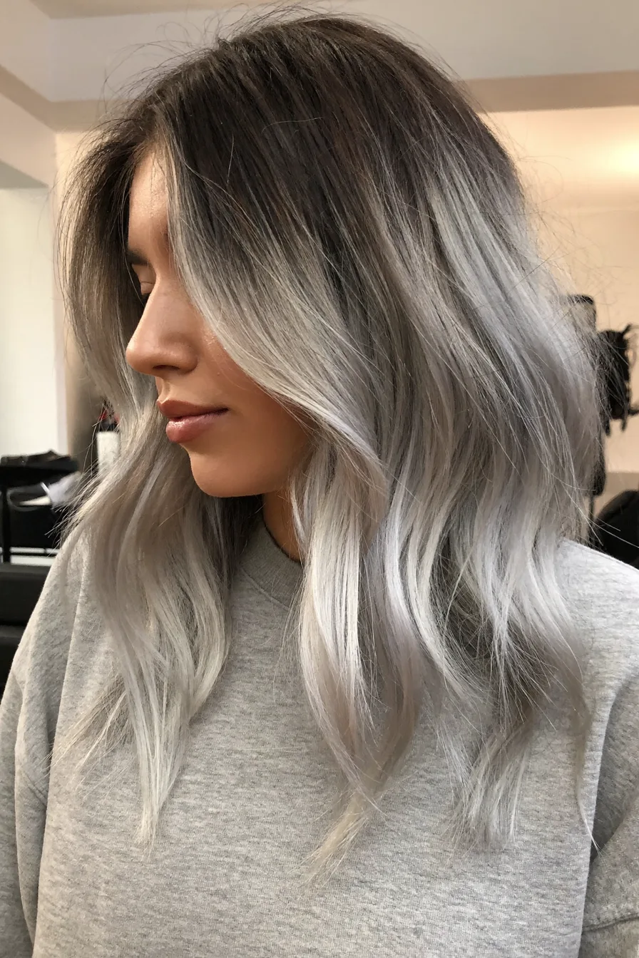 Chic Silver Balayage Wavy Lob for Effortless Texture