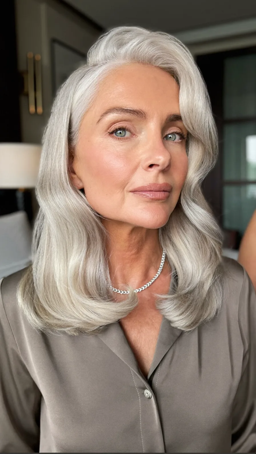 Elegant Platinum Silver Long Layered Waves with Side Part