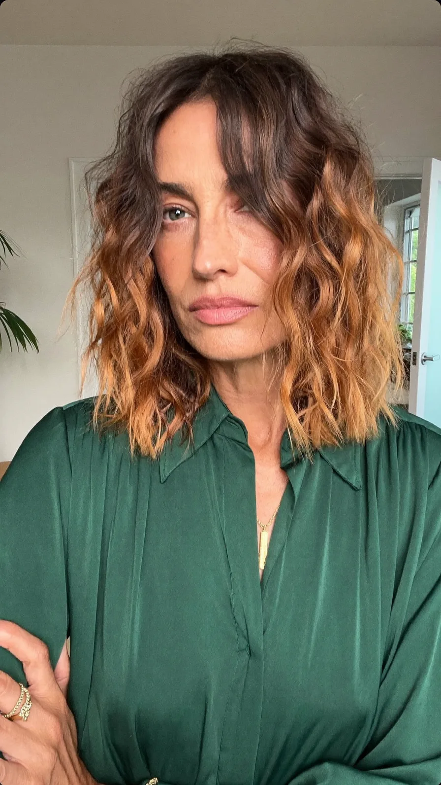 Modern Tousled Lob with Curtain Bangs and Copper Balayage