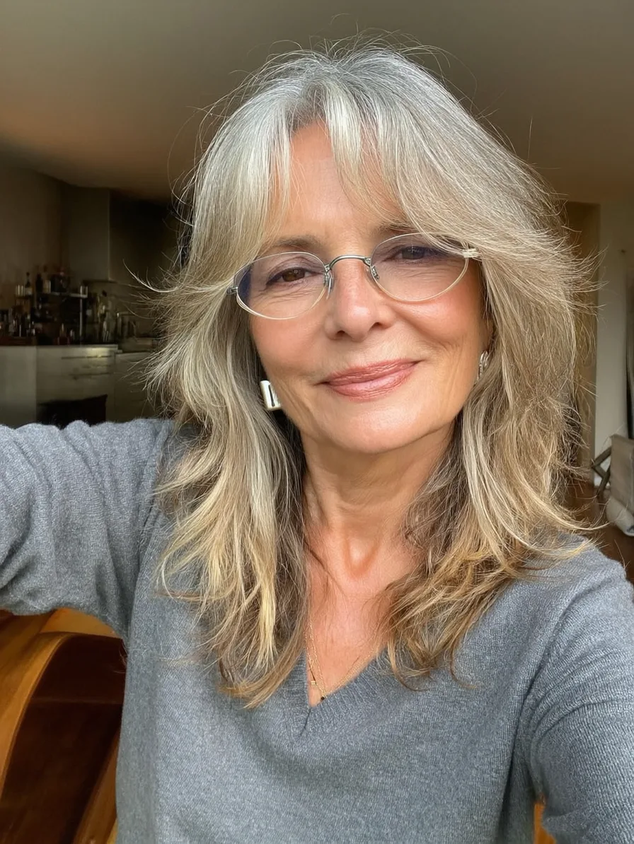Soft Layered Medium Silver Blonde Hair with Curtain Bangs