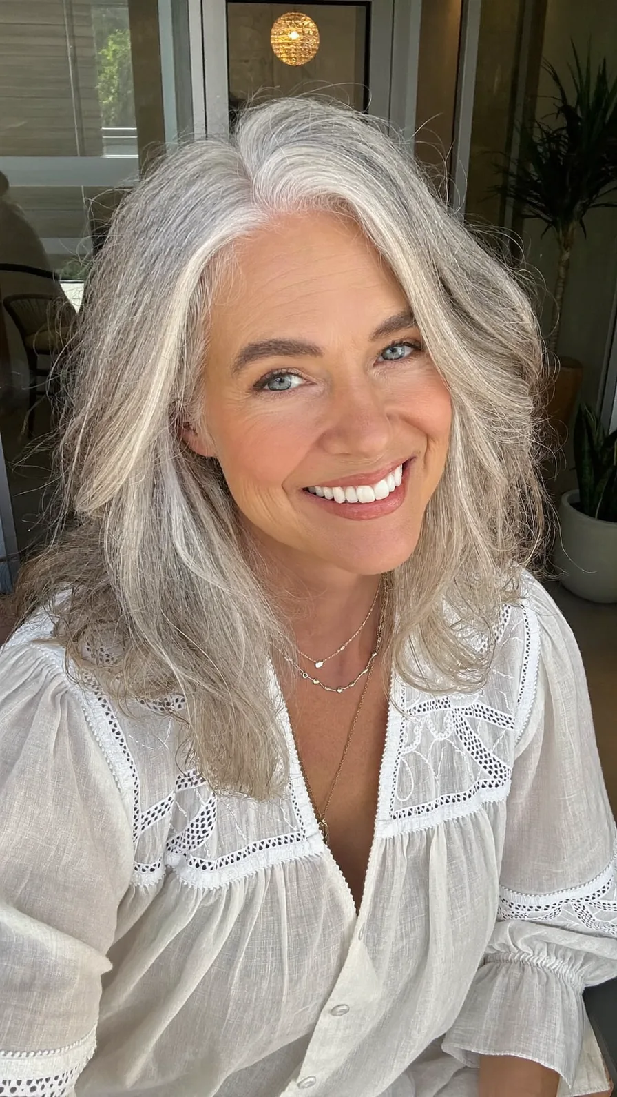 Elegant Medium-Length Silver Gray Hair with Long Soft Layers