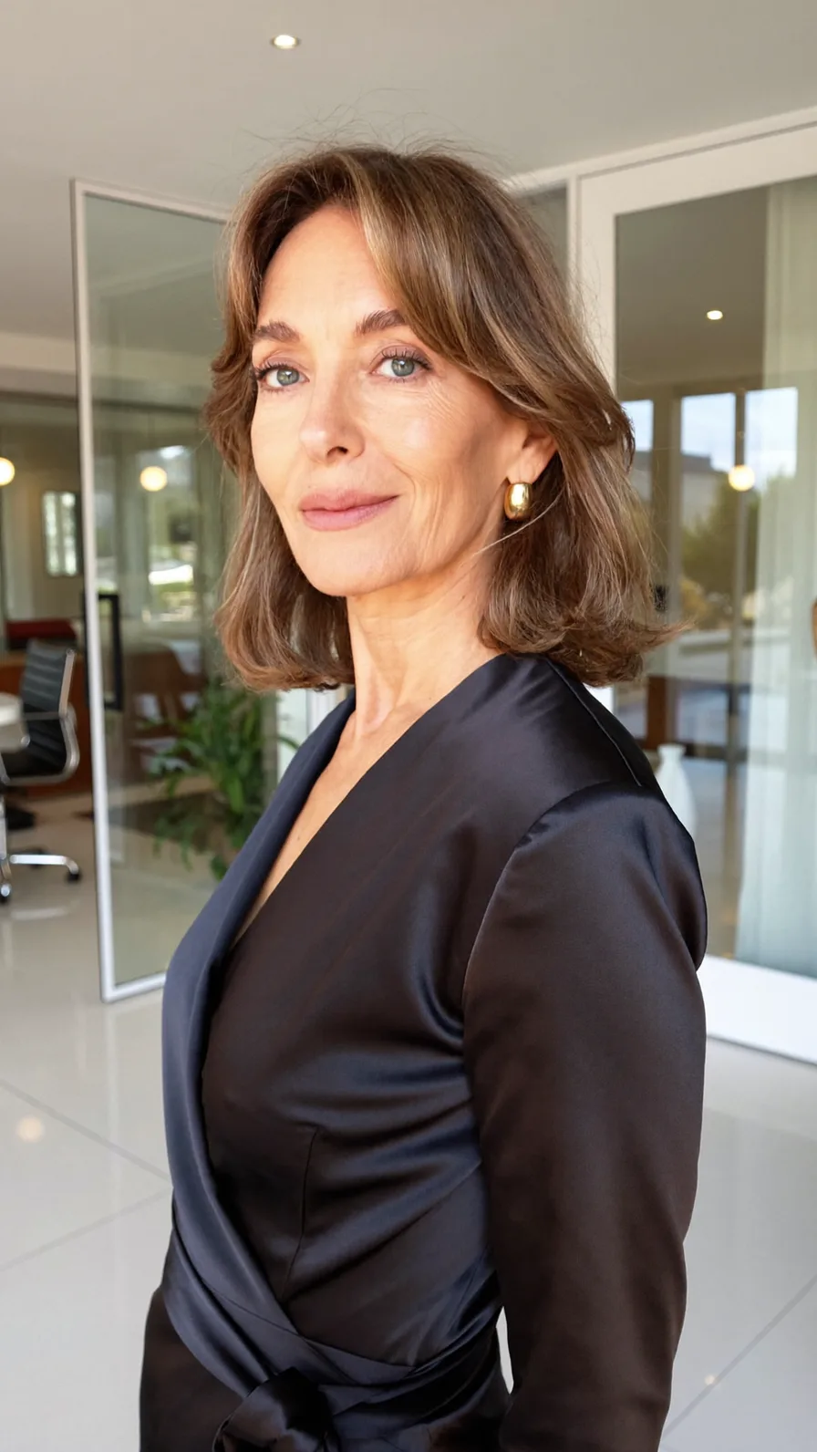 Elegant Shoulder-Length Long Layers with Curtain Bangs Style