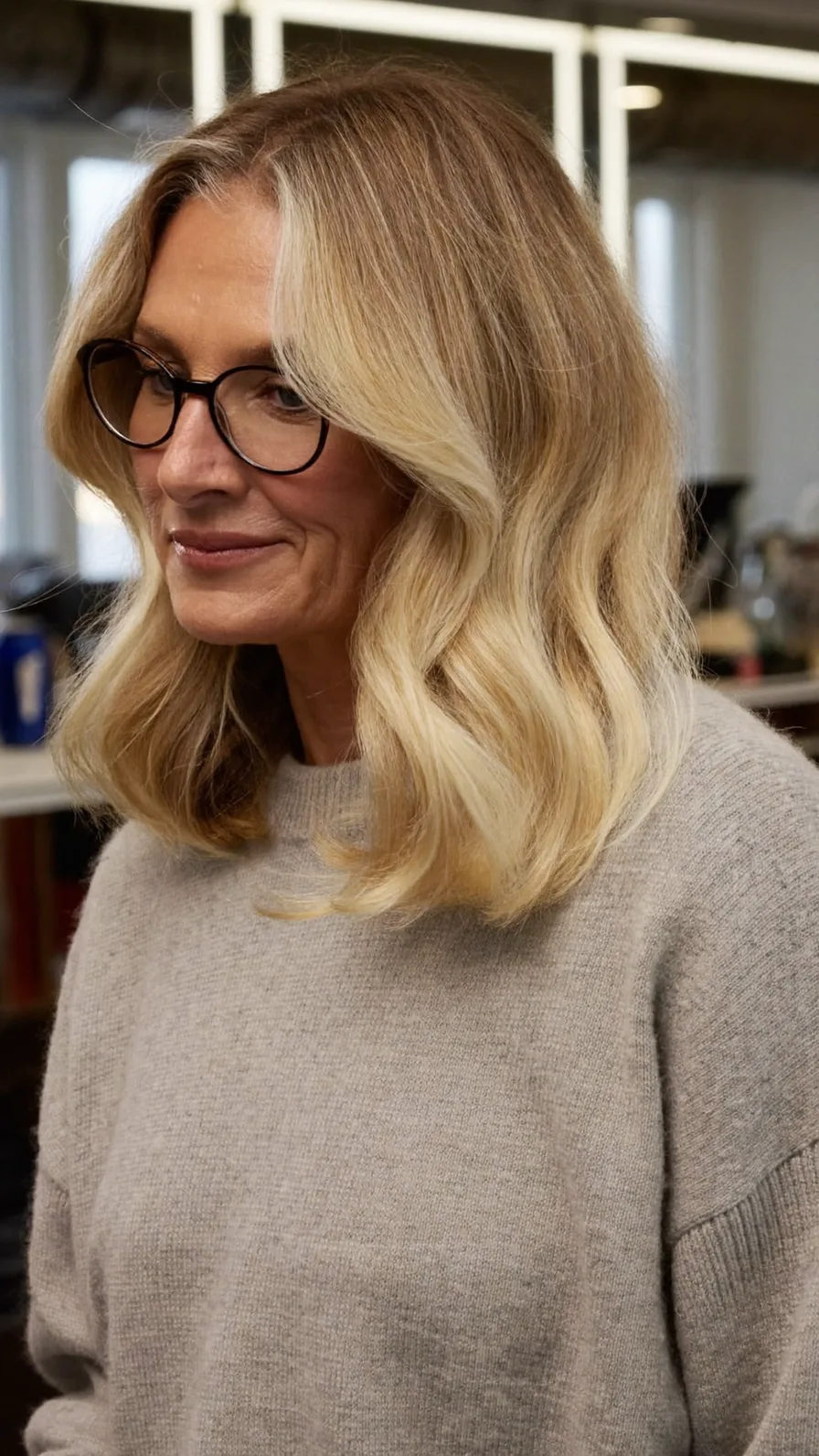 Soft Shoulder-Length Blonde Waves with Curtain Bangs