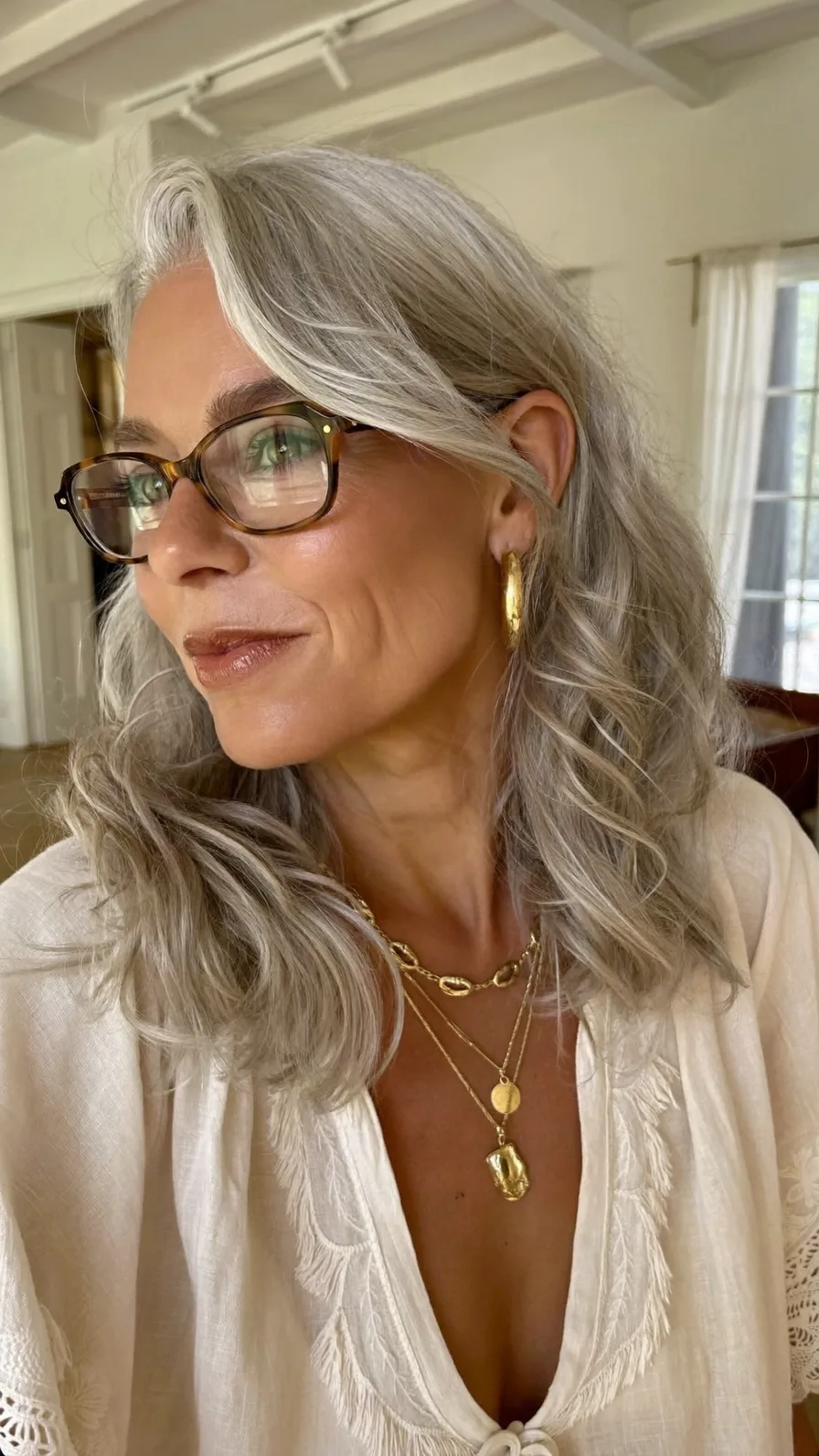 Elegant Shoulder-Length Silver Waves with Side-Swept Layers
