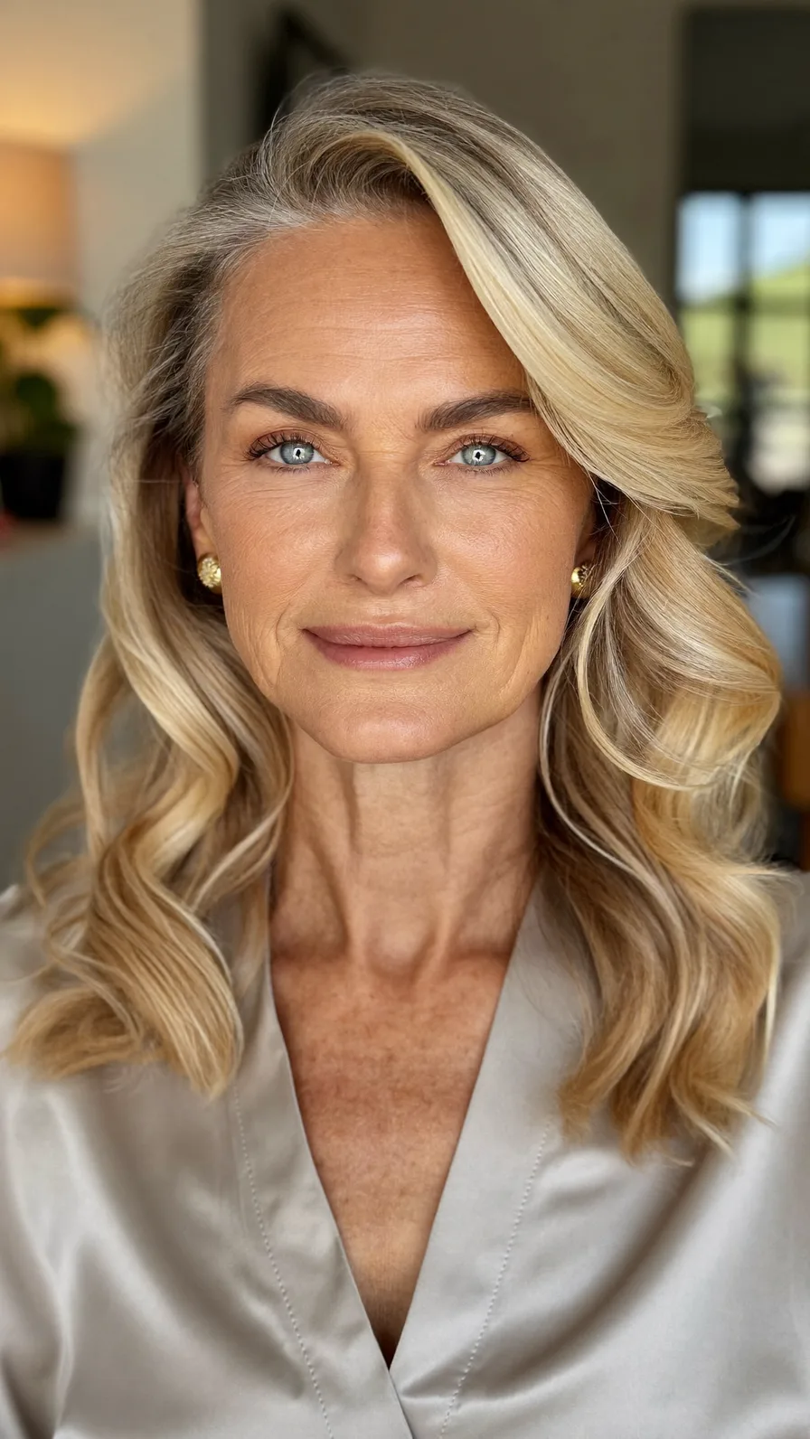 Elegant Medium-Length Blonde Layers with Soft Side-Swept Waves