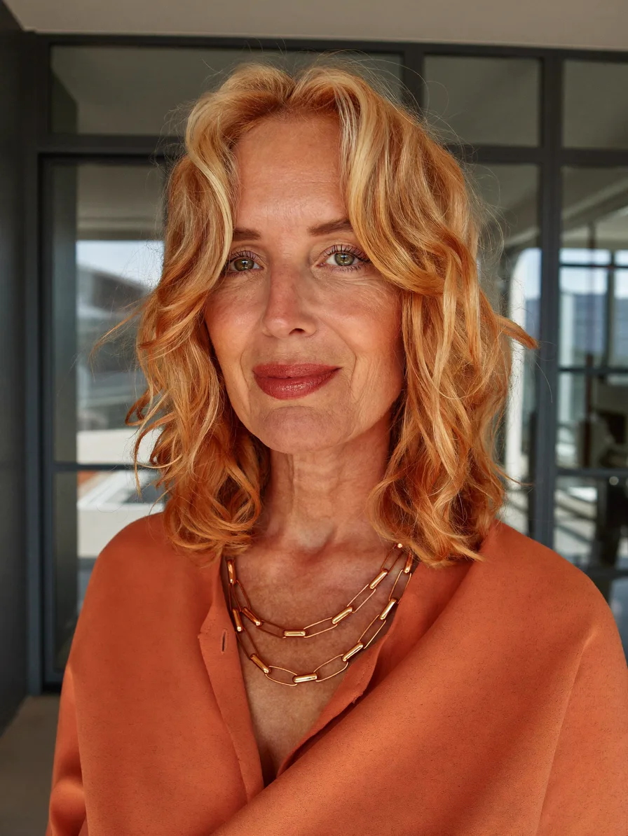 Soft Honey Blonde Shoulder-Length Waves with Curtain Bangs