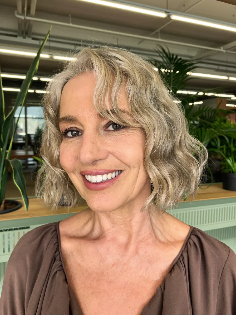 Chin-Length Wavy Bob with Soft Curtain Bangs for Mature Hair