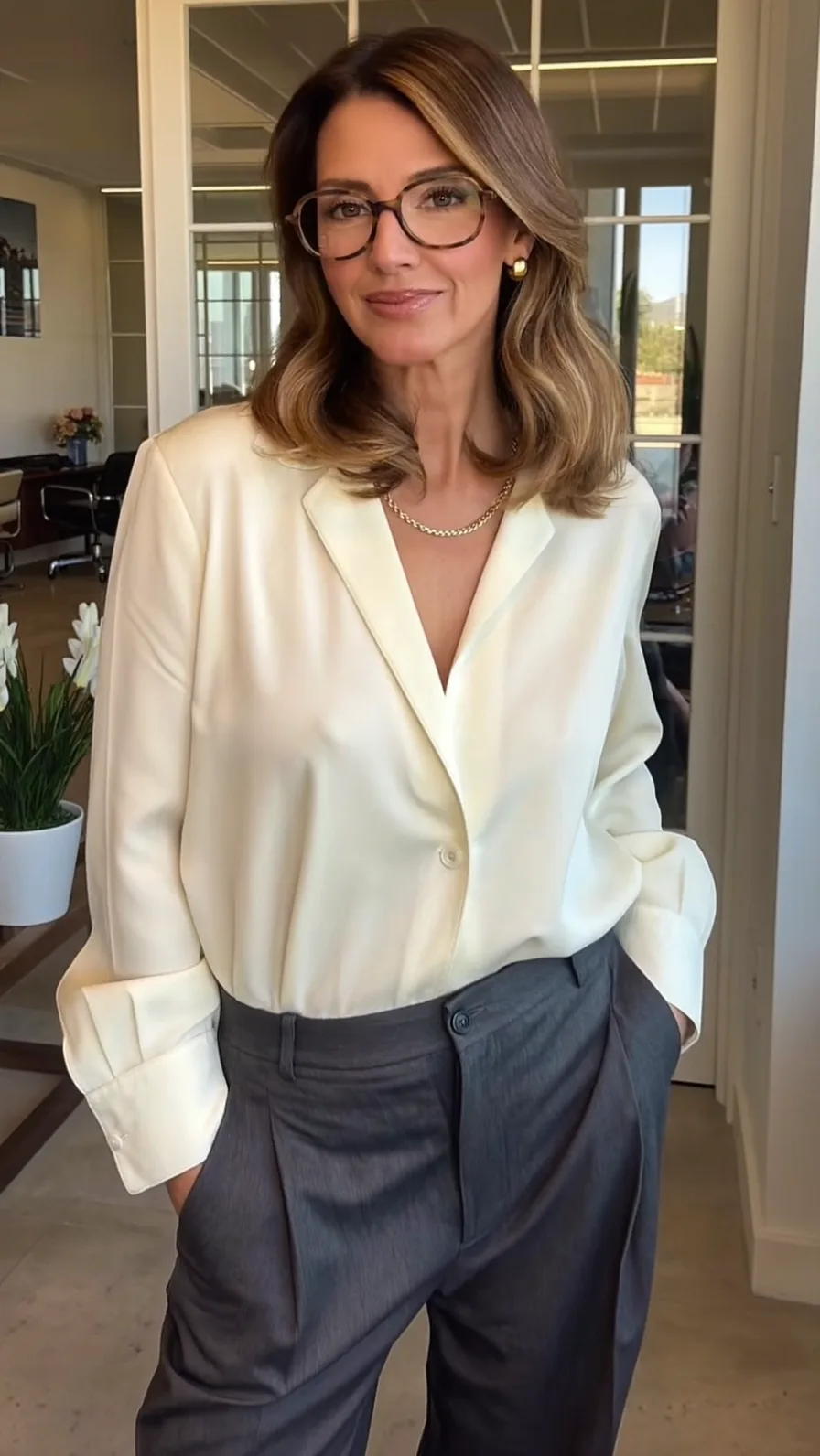 Soft Shoulder-Length Caramel Balayage with Flowing Side-Swept Layers