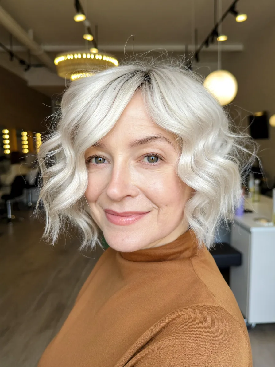 Voluminous Platinum Blonde Wavy Layered Bob with Curtain Bangs