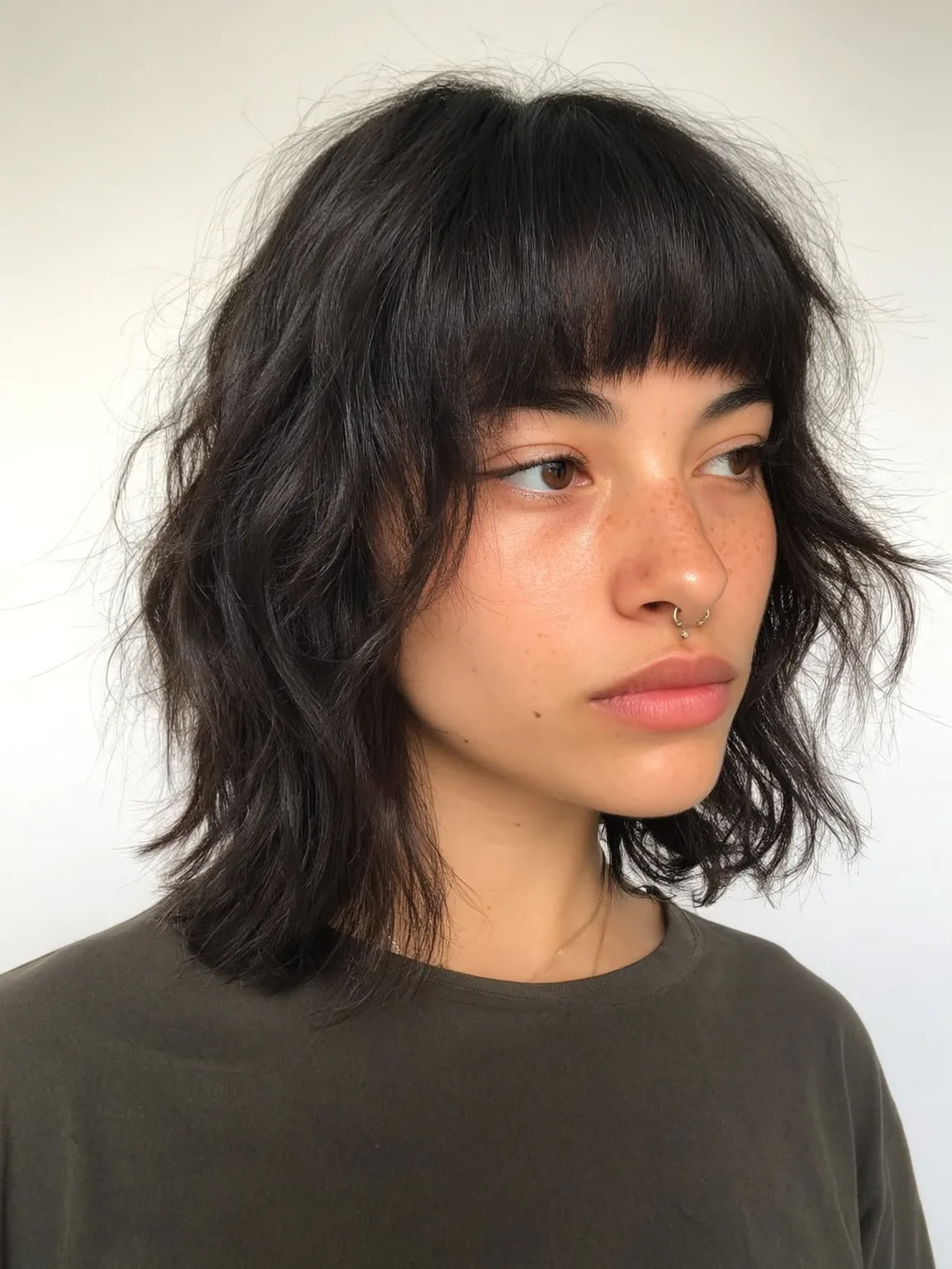 Chin-Length Rich Espresso Brown Shag with Blunt Bangs