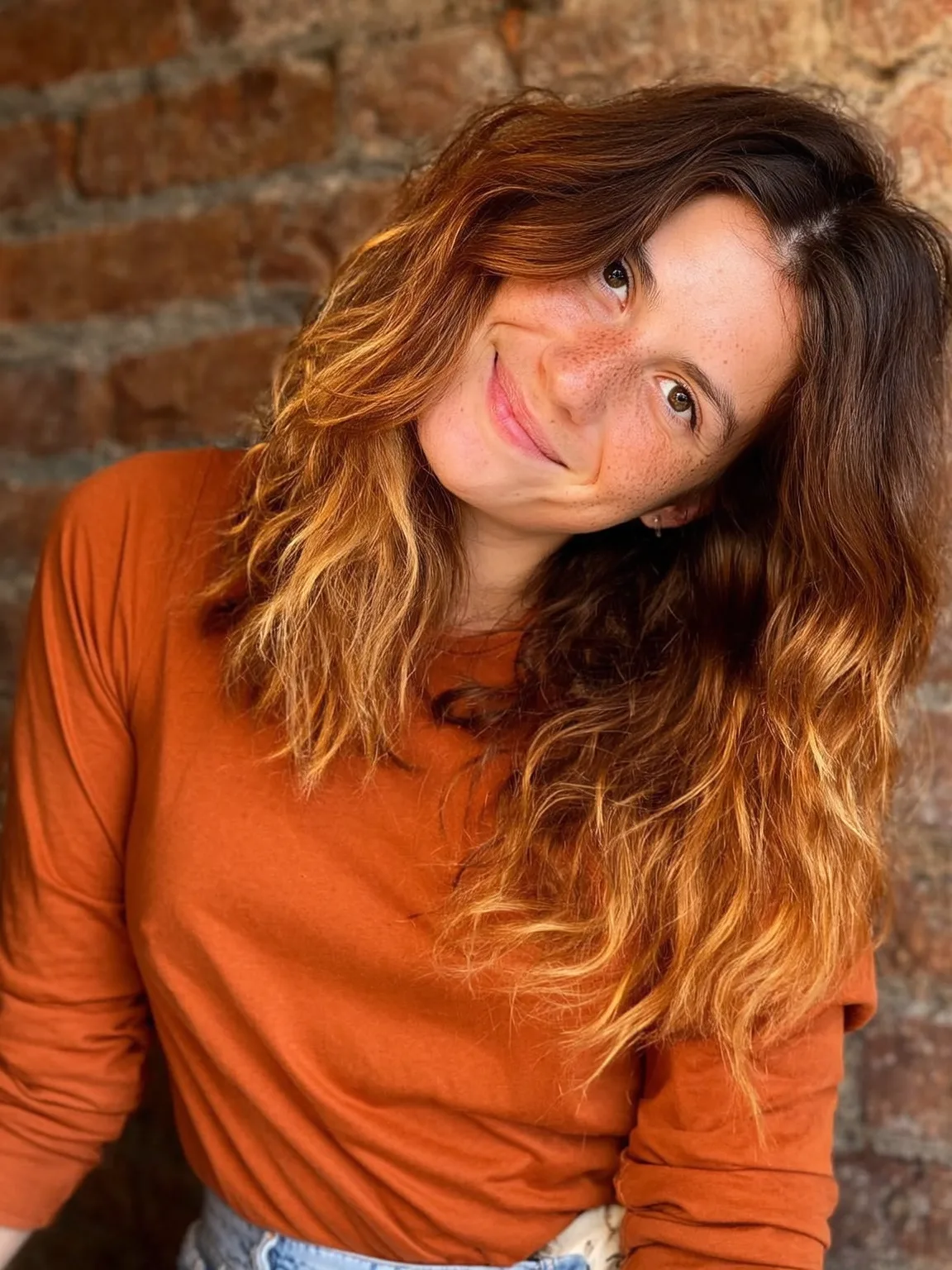Long Voluminous Warm Copper Layers with Golden Balayage