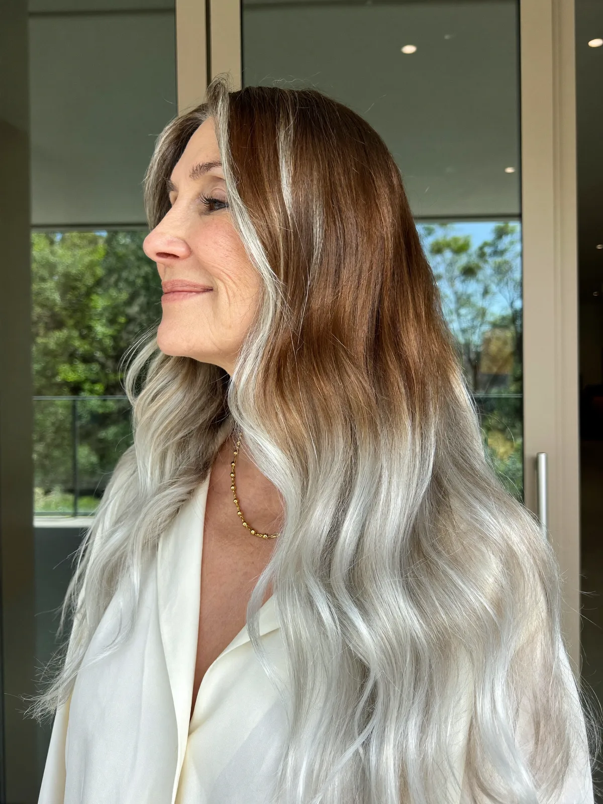 Silver Ombre Waves with Face-Framing Accents for Mature Women