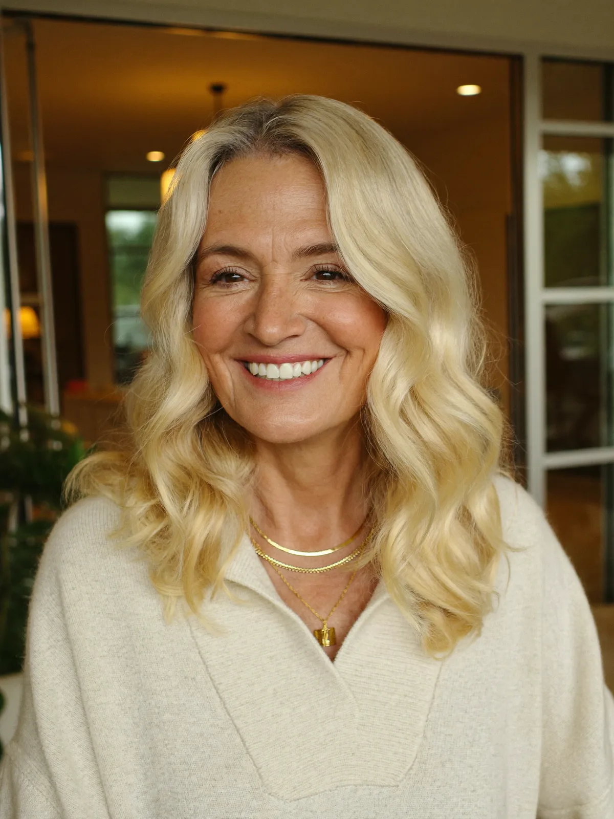 Soft Honey Blonde Waves with Face-Framing Layers for Women Over 60