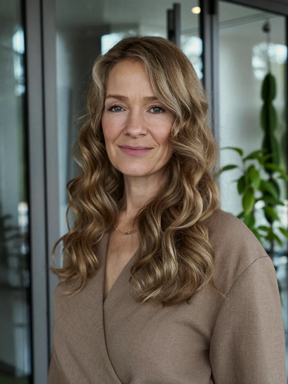 Soft Honey Blonde Waves with Face-Framing Layers for Mature Women