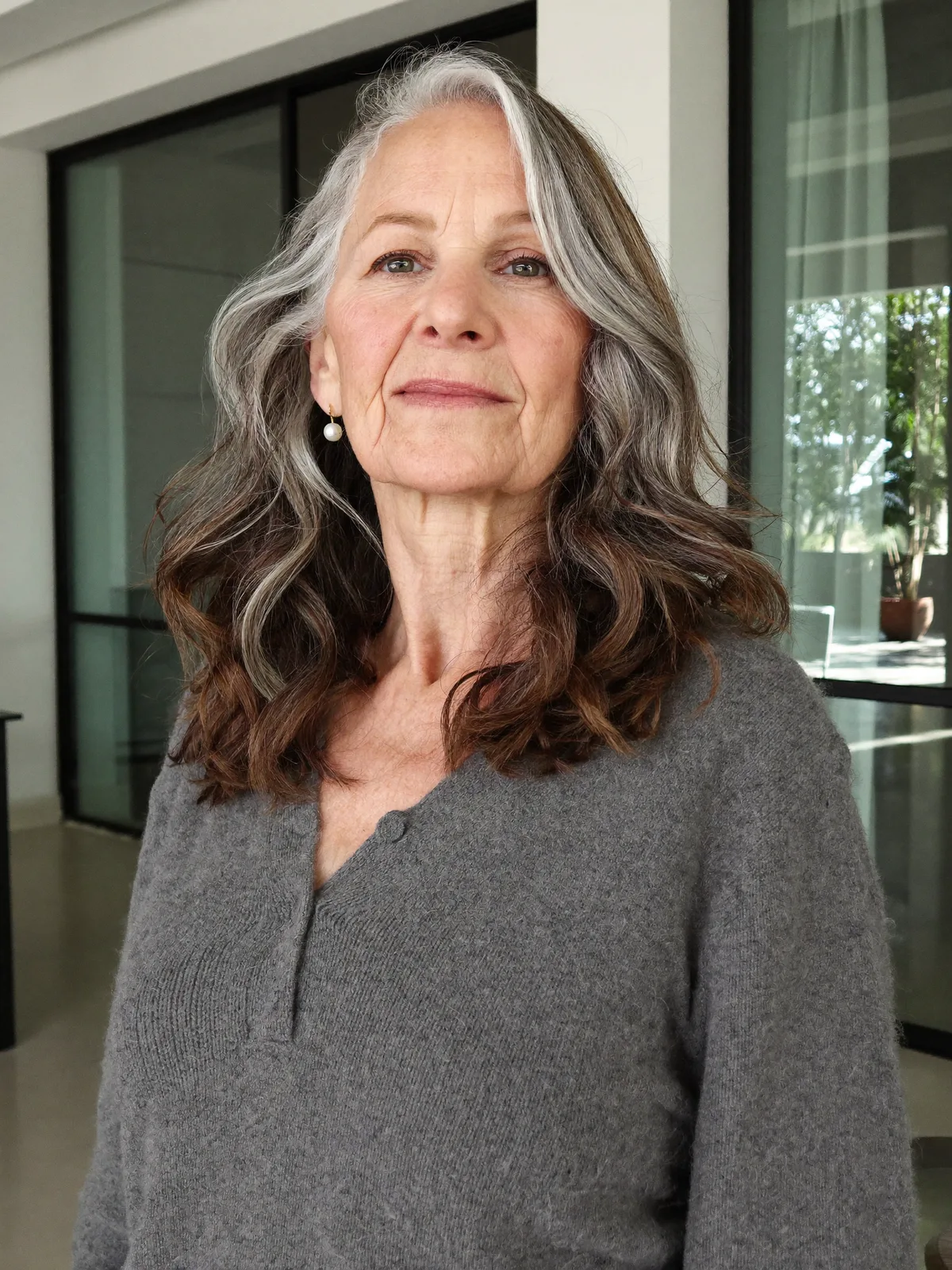 Silver-Streaked Natural Waves with Face-Framing Layers for Mature Women