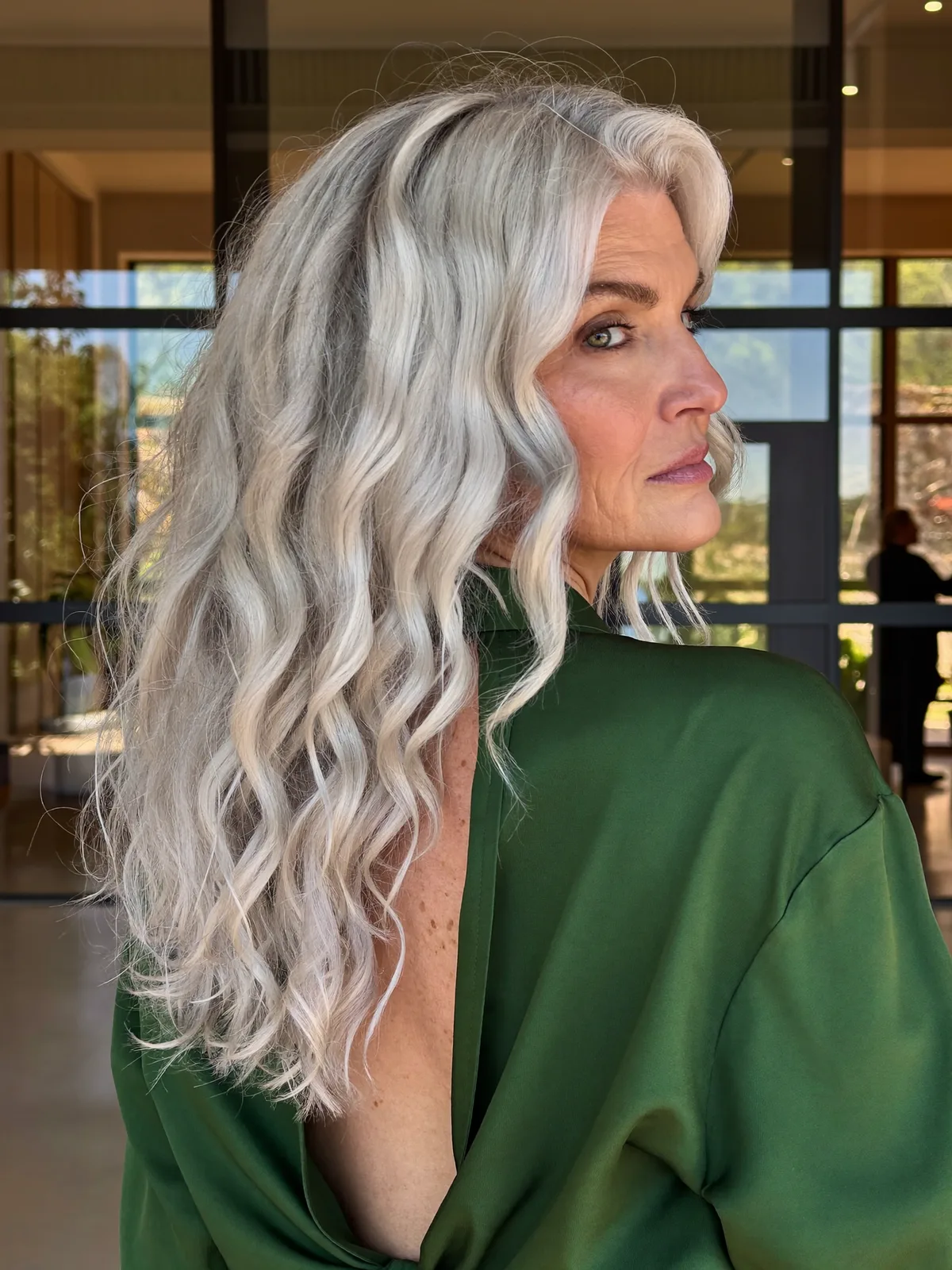 Soft Silver Waves with Voluminous Layers for Mature Hair