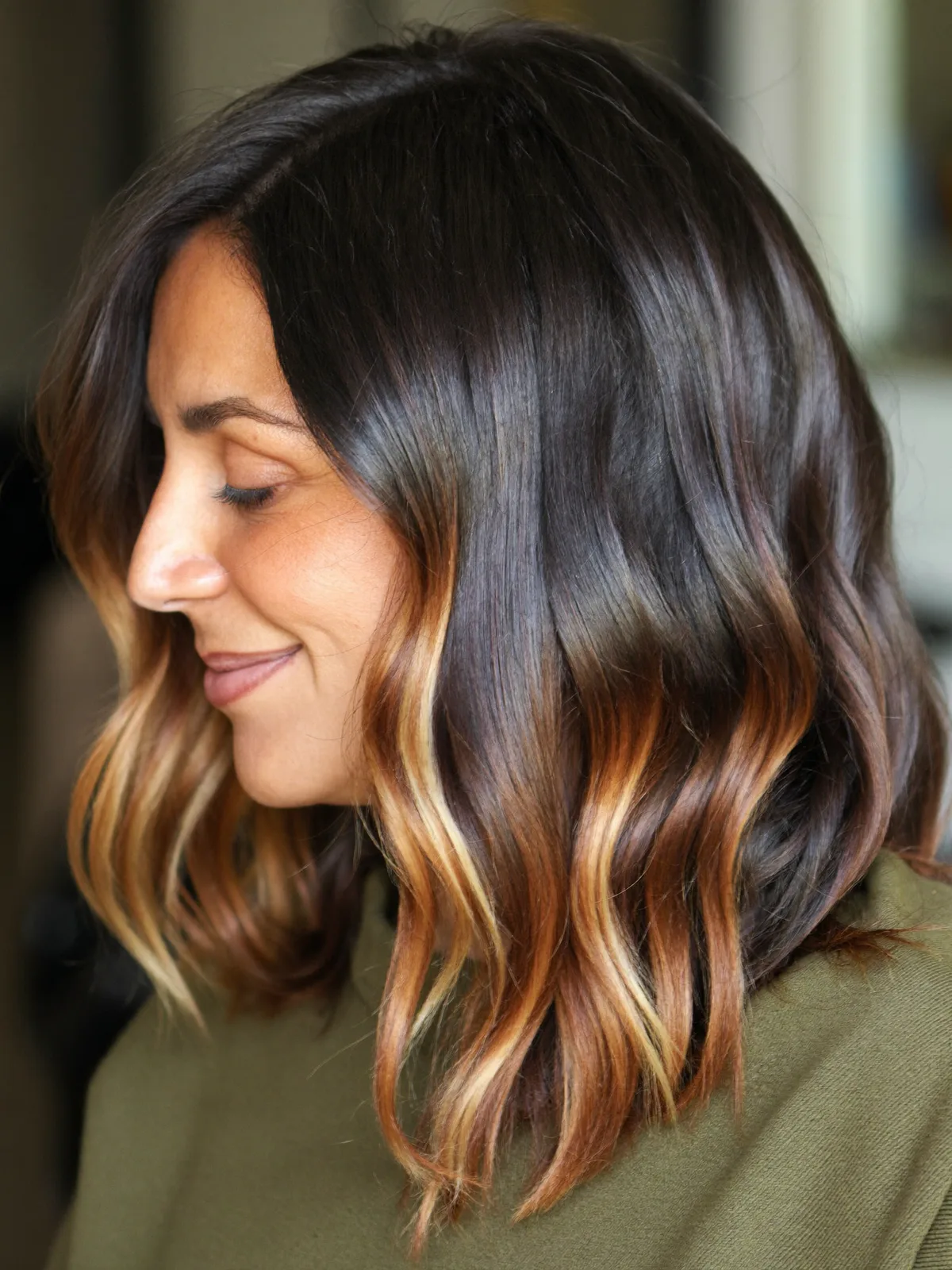 Chestnut Balayage Waves with Face-Framing Layers for Mature Women
