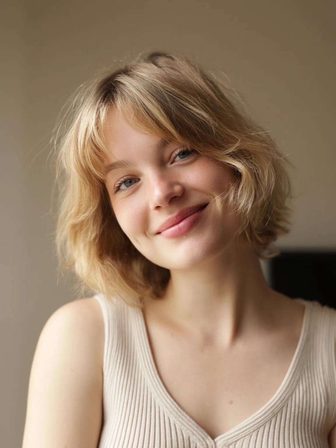 Chin-Length Wavy Bob with Curtain Bangs in Sandy Blonde