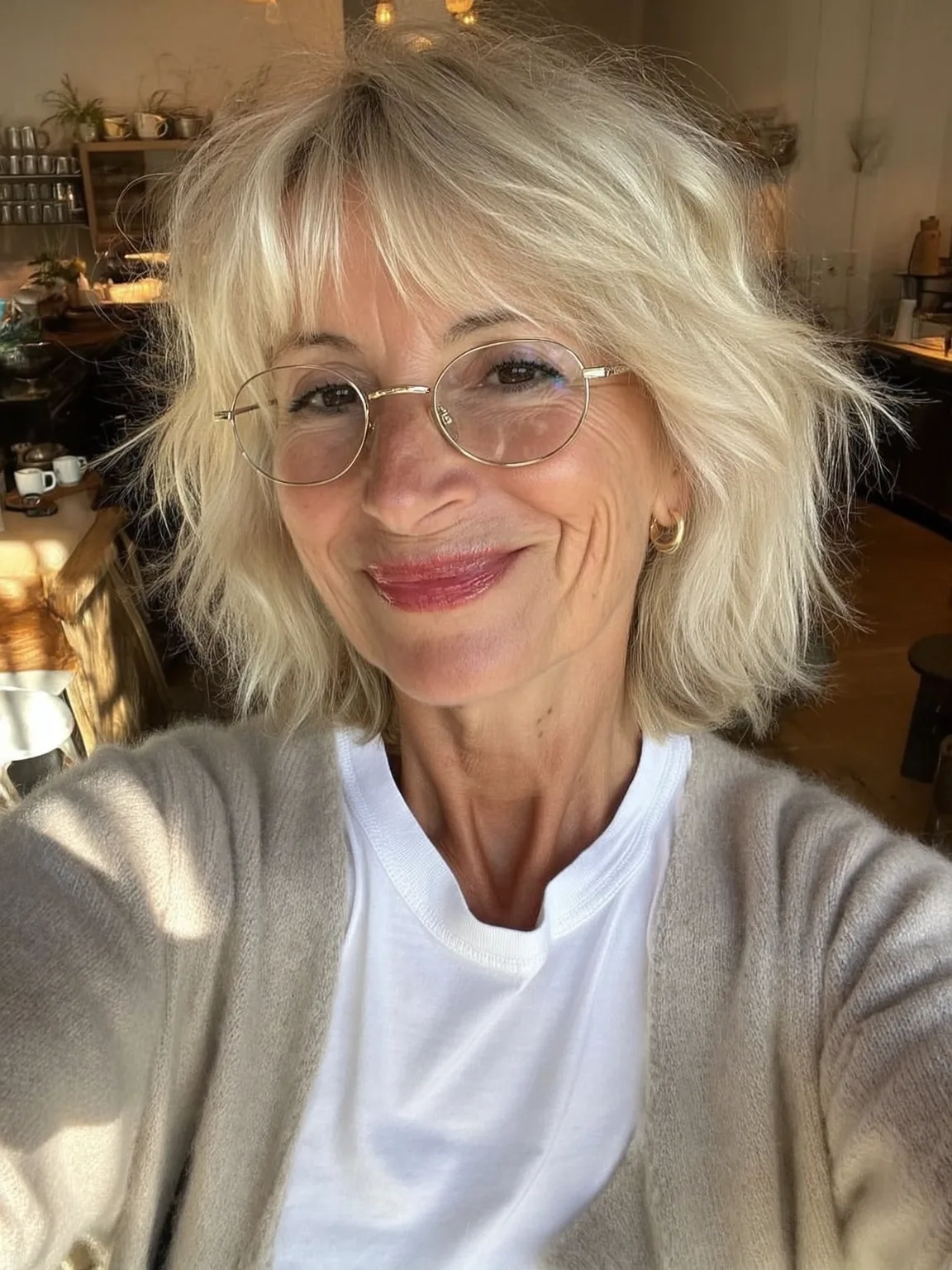 Chin-Length Medium-Volume Platinum Blonde Shag with Wispy Bangs