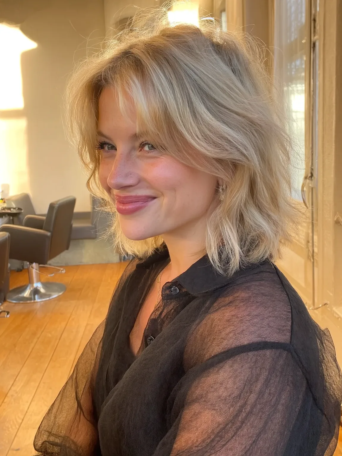 Chin-Length Sun-Kissed Blonde Lob with Curtain Bangs