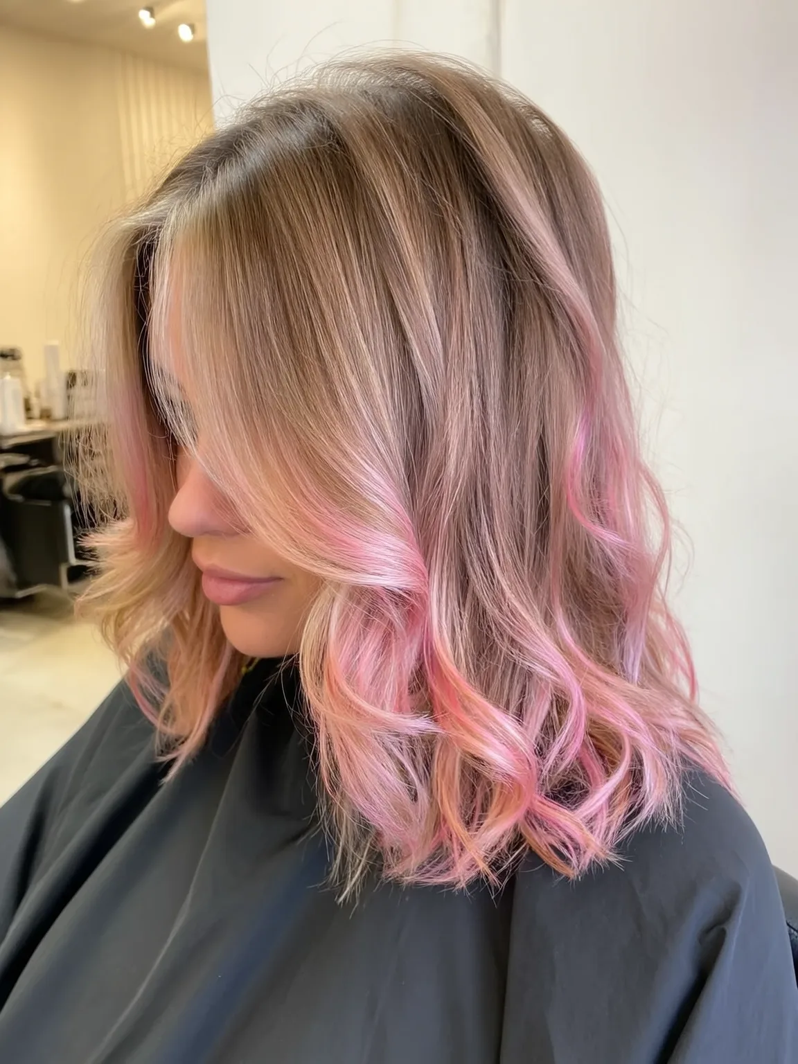 Rose Gold Balayage Lob with Side-Swept Bangs