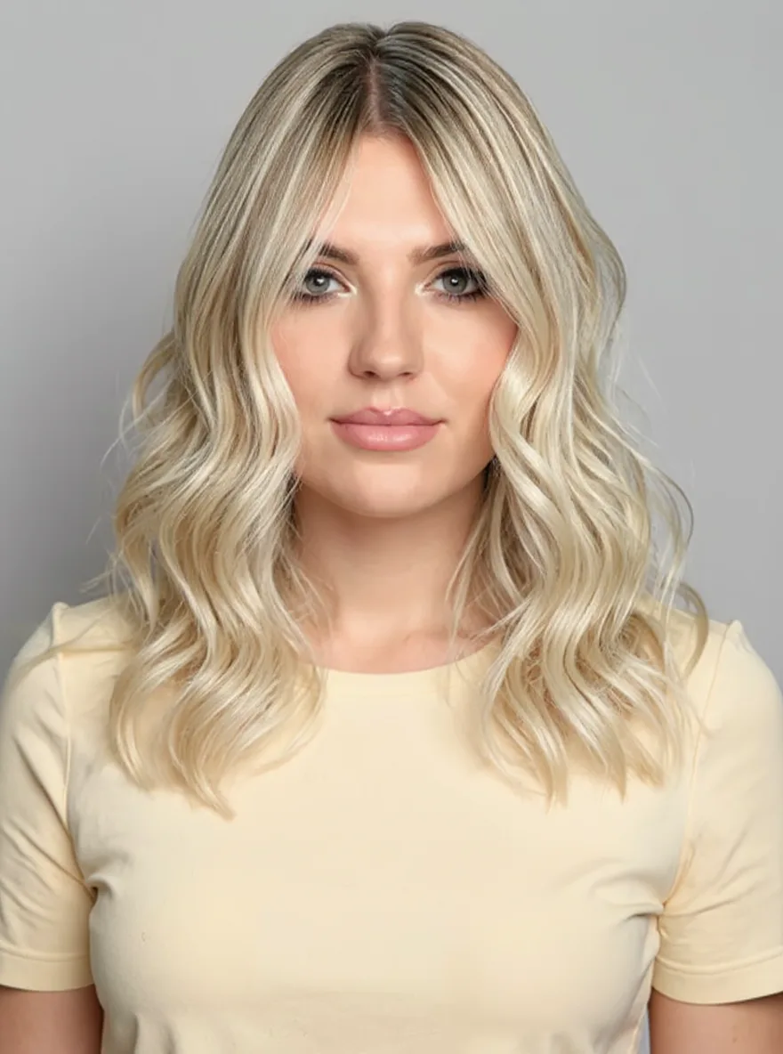 Vanilla Blonde Wavy Lob with Curtain Bangs
