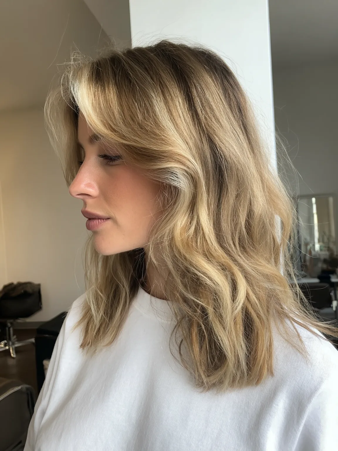 Air-Dry Friendly Sandy Blonde Wavy Lob with Curtain Bangs