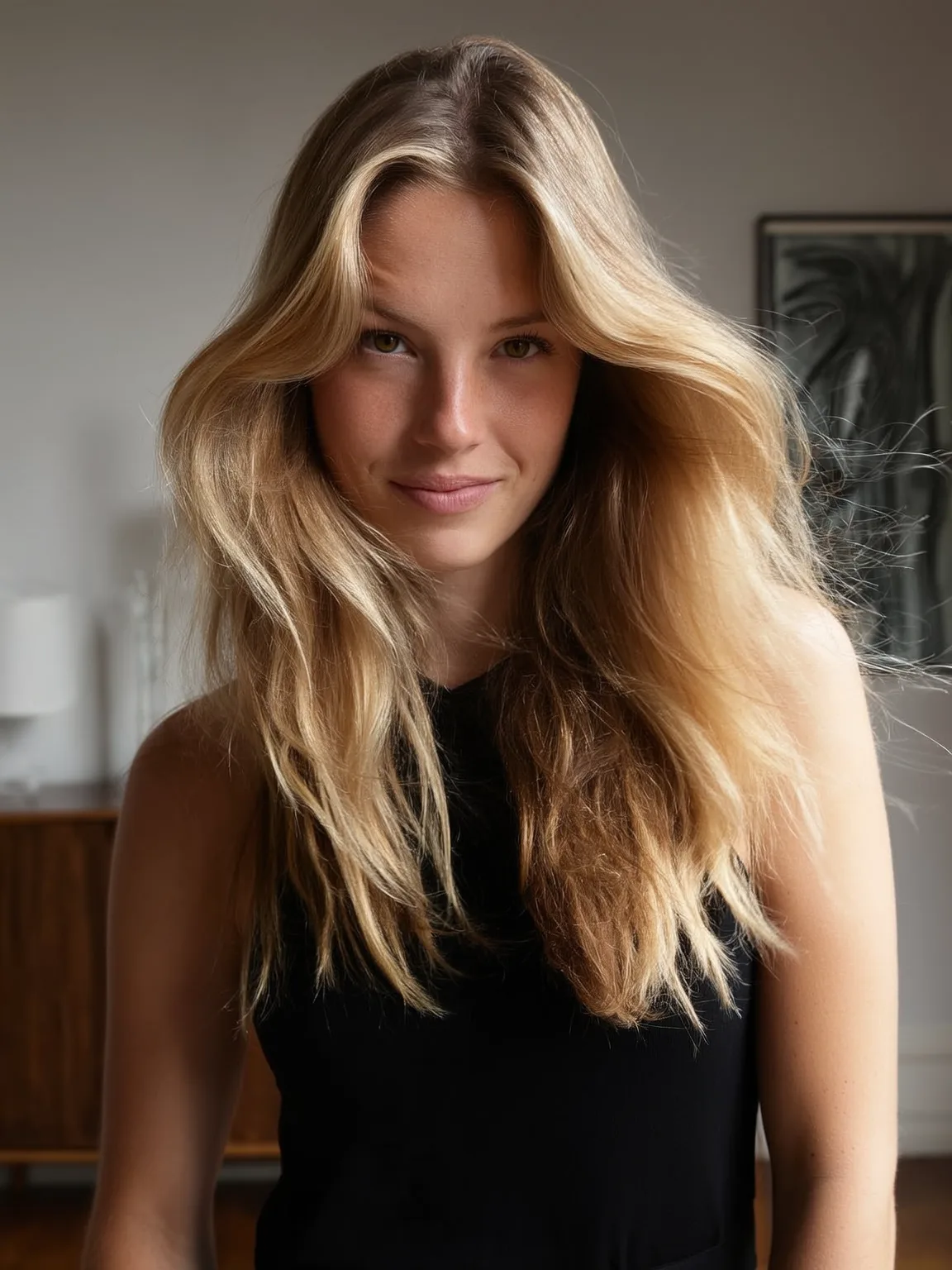 Heart-Shaped Face Golden Honey Blonde Layers with Curtain Bangs