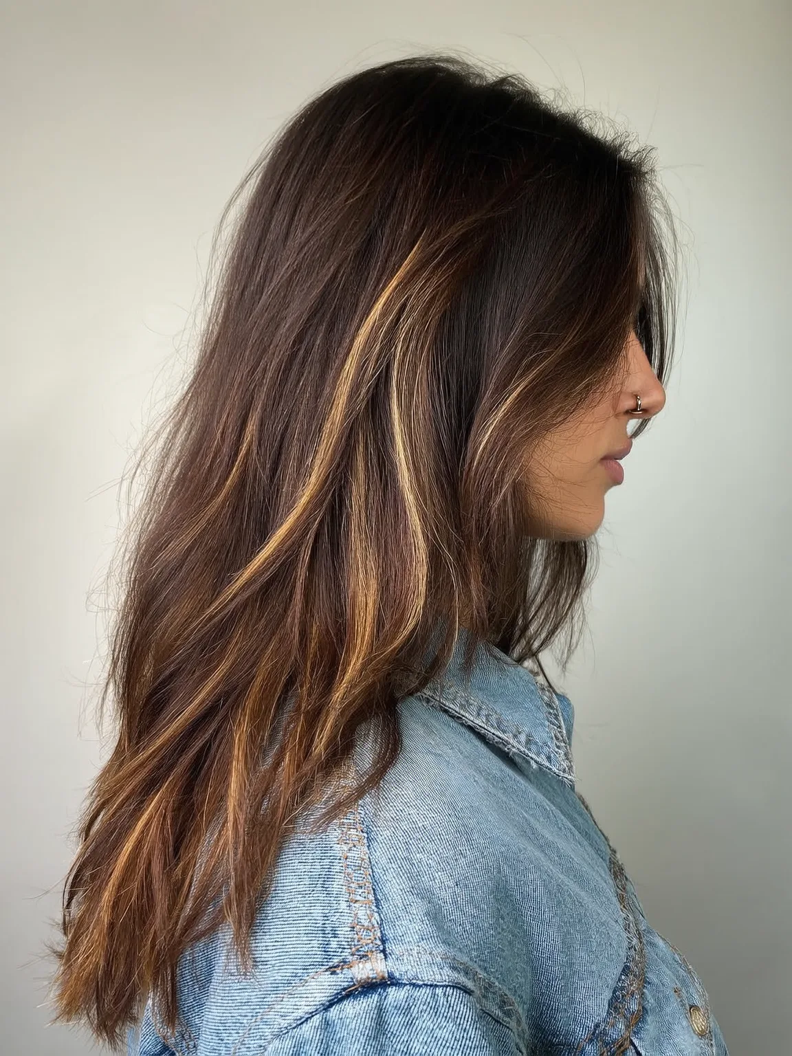 Long Warm Caramel Brown Layers with Honey Blonde Highlights