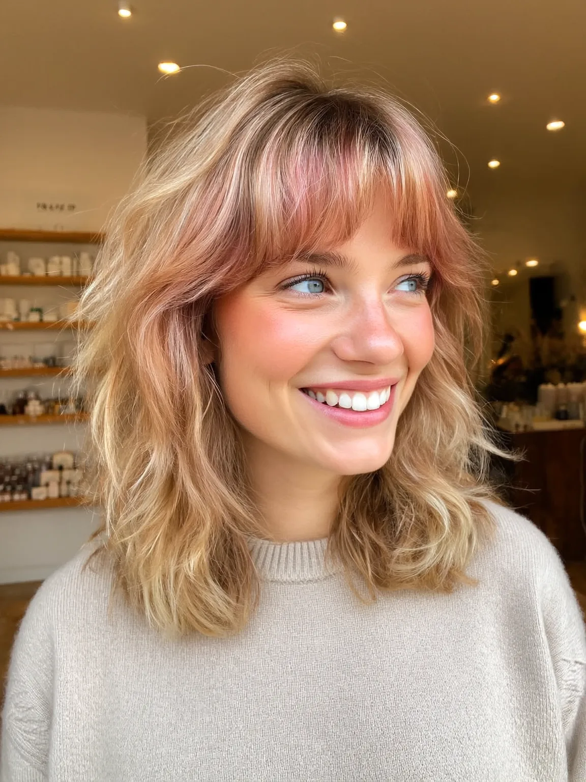 Strawberry Blonde Wavy Shoulder-Length Shag with Blunt Bangs
