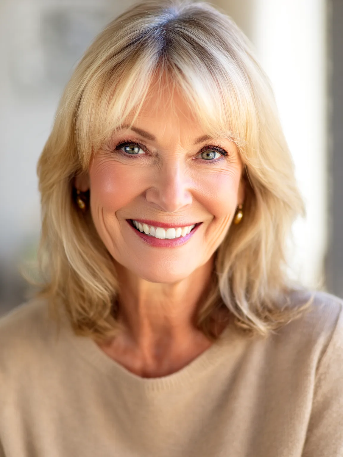 Soft Sandy Blonde Wavy Lob with Curtain Bangs