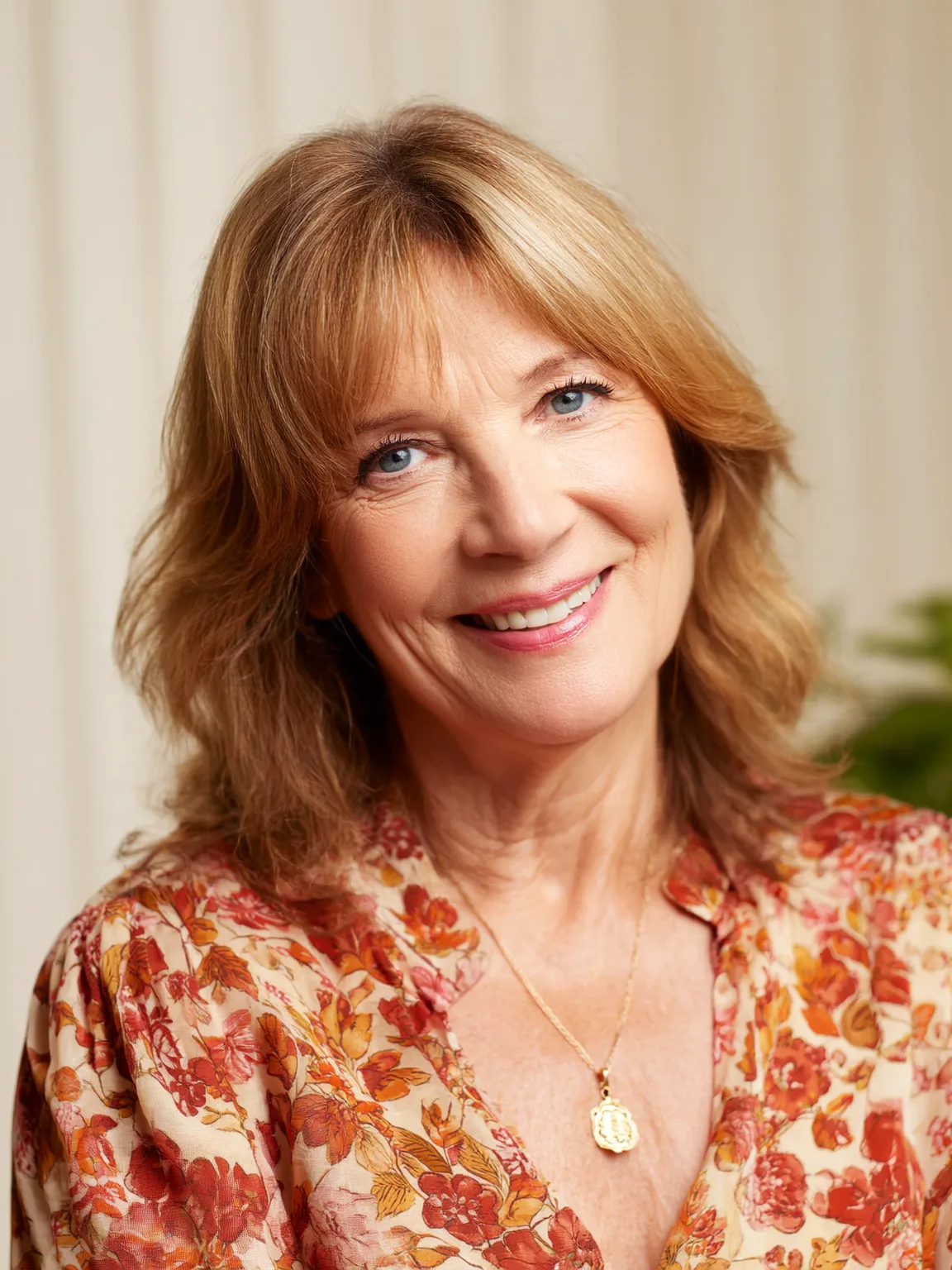 Warm Honey Blonde Wavy Lob with Curtain Bangs