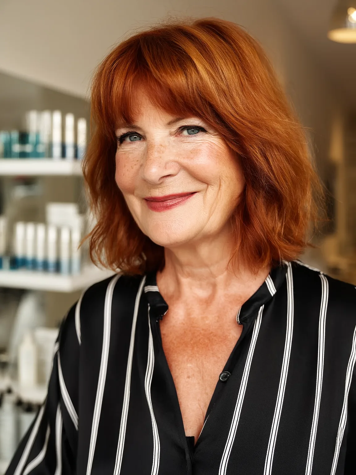 Copper Auburn Chin-Length Lob with Wispy Bangs