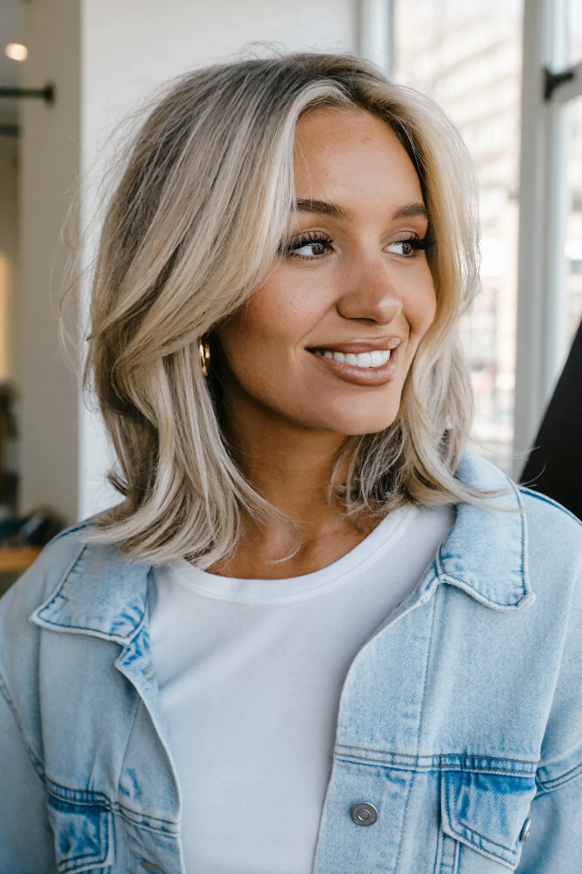 Platinum Ash Blonde Wavy Lob with Curtain Bangs and Balayage
