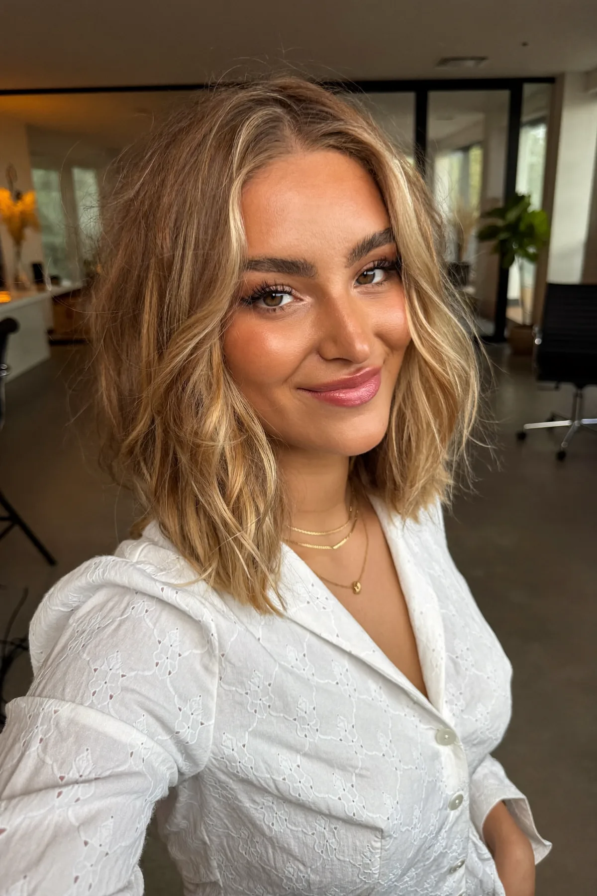 Honey Golden Blonde Wavy Lob With Blended Balayage Highlights