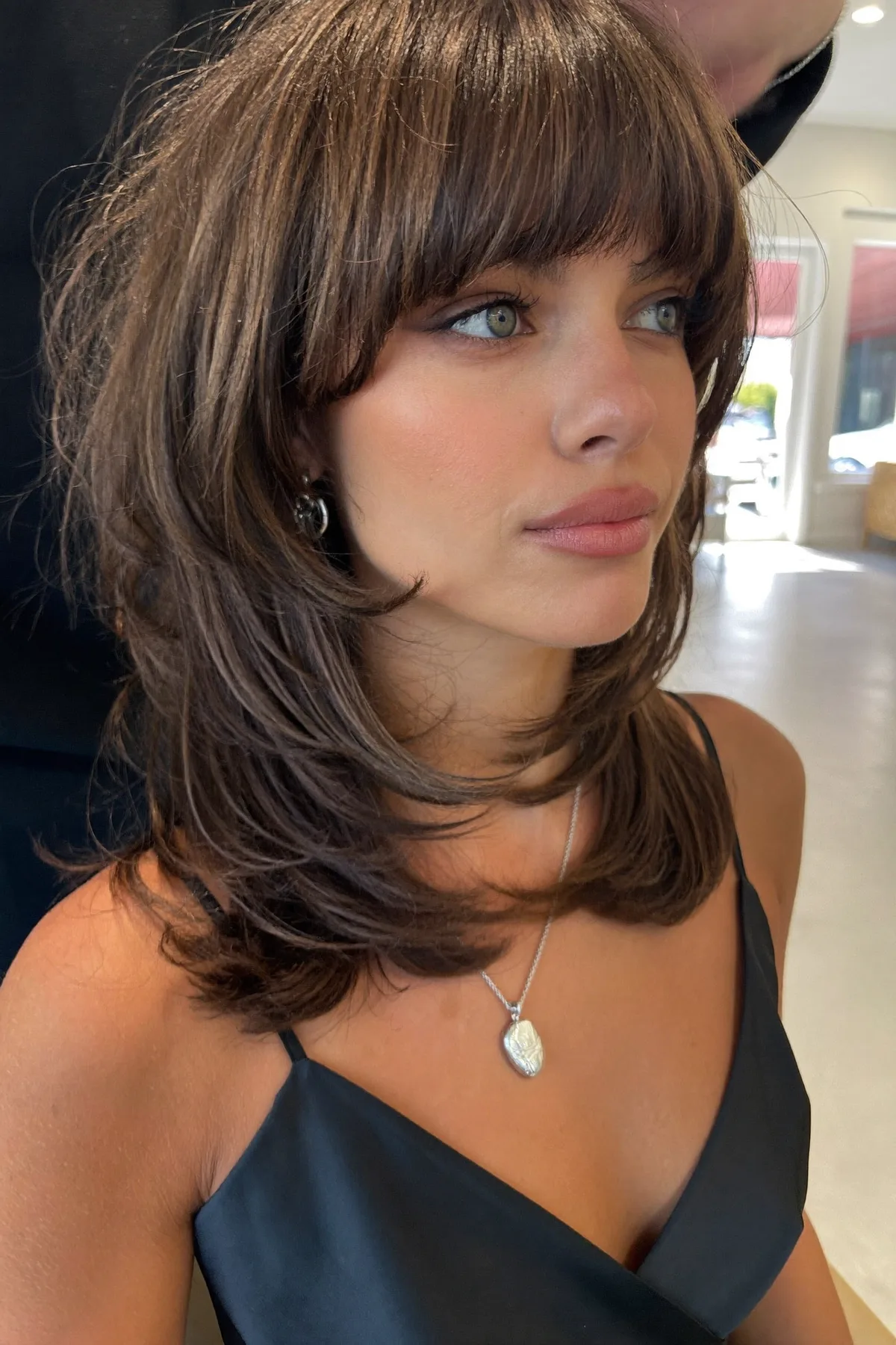 Natural Brunette Collarbone-Length Lob with Full Fringe Bangs