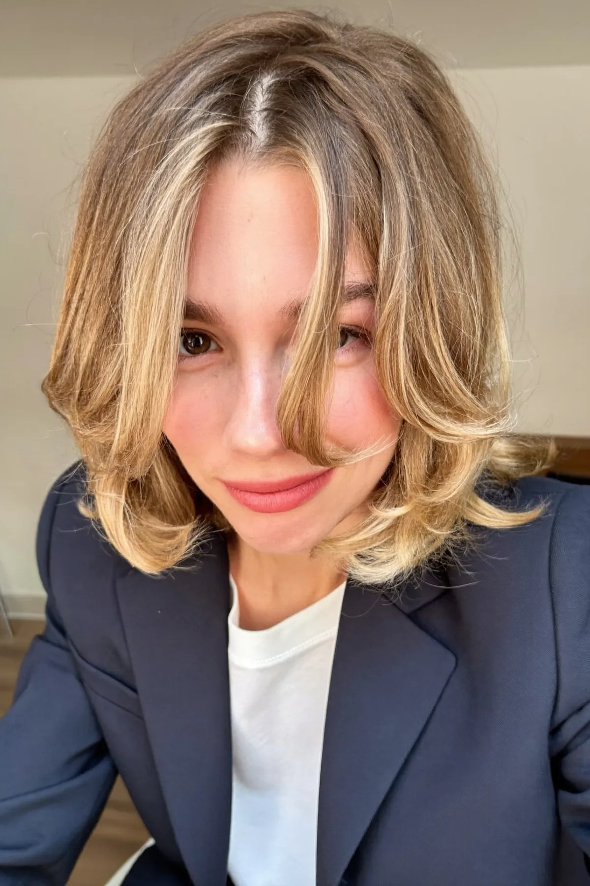 Caramel Bronde Balayage Long Bob with Curtain Bangs and Waves