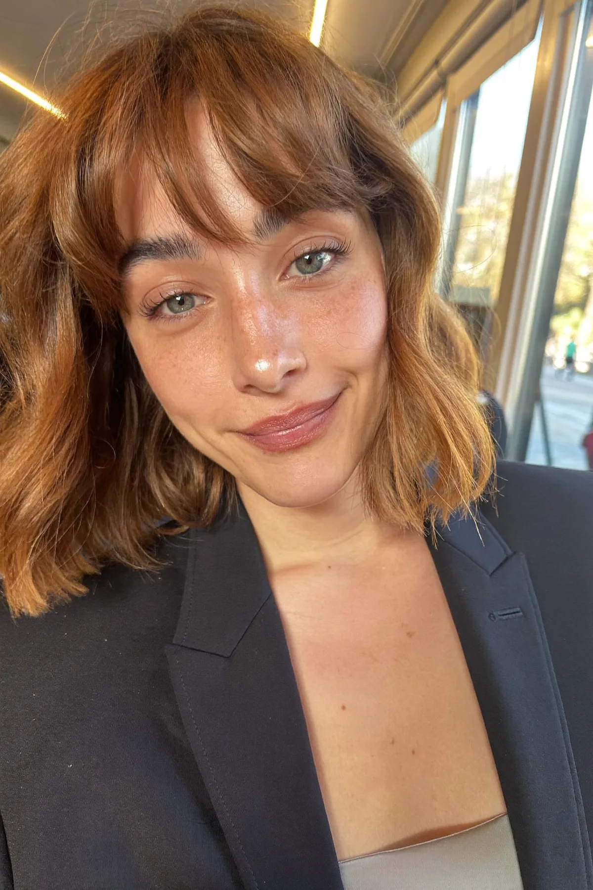 Caramel Bronde Balayage Collarbone-Length Lob with Curtain Bangs