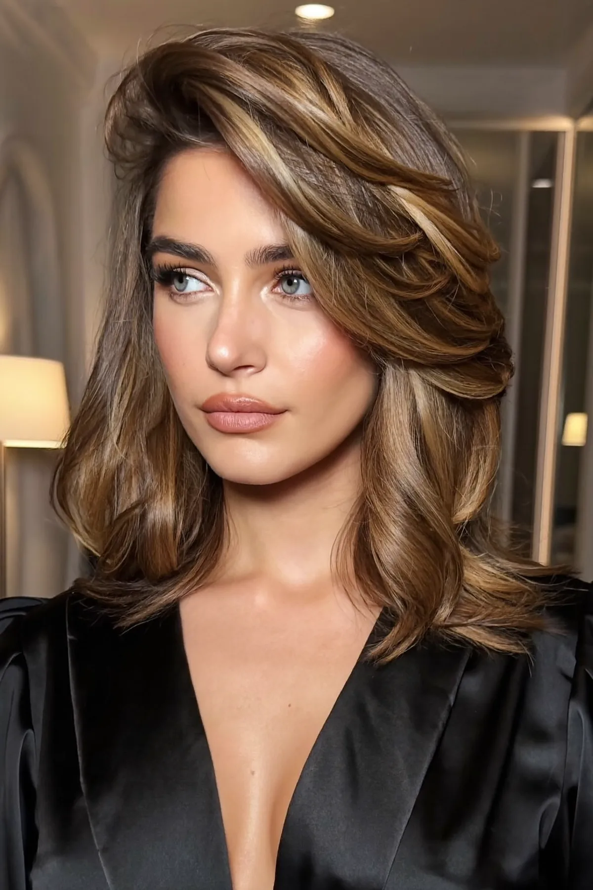 Caramel Bronde Balayage Collarbone-Length Lob with Soft Waves