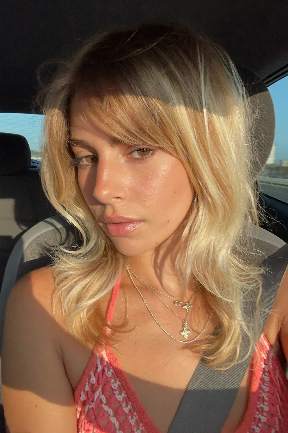 Honey Golden Blonde Shoulder-Length Lob with Soft Waves